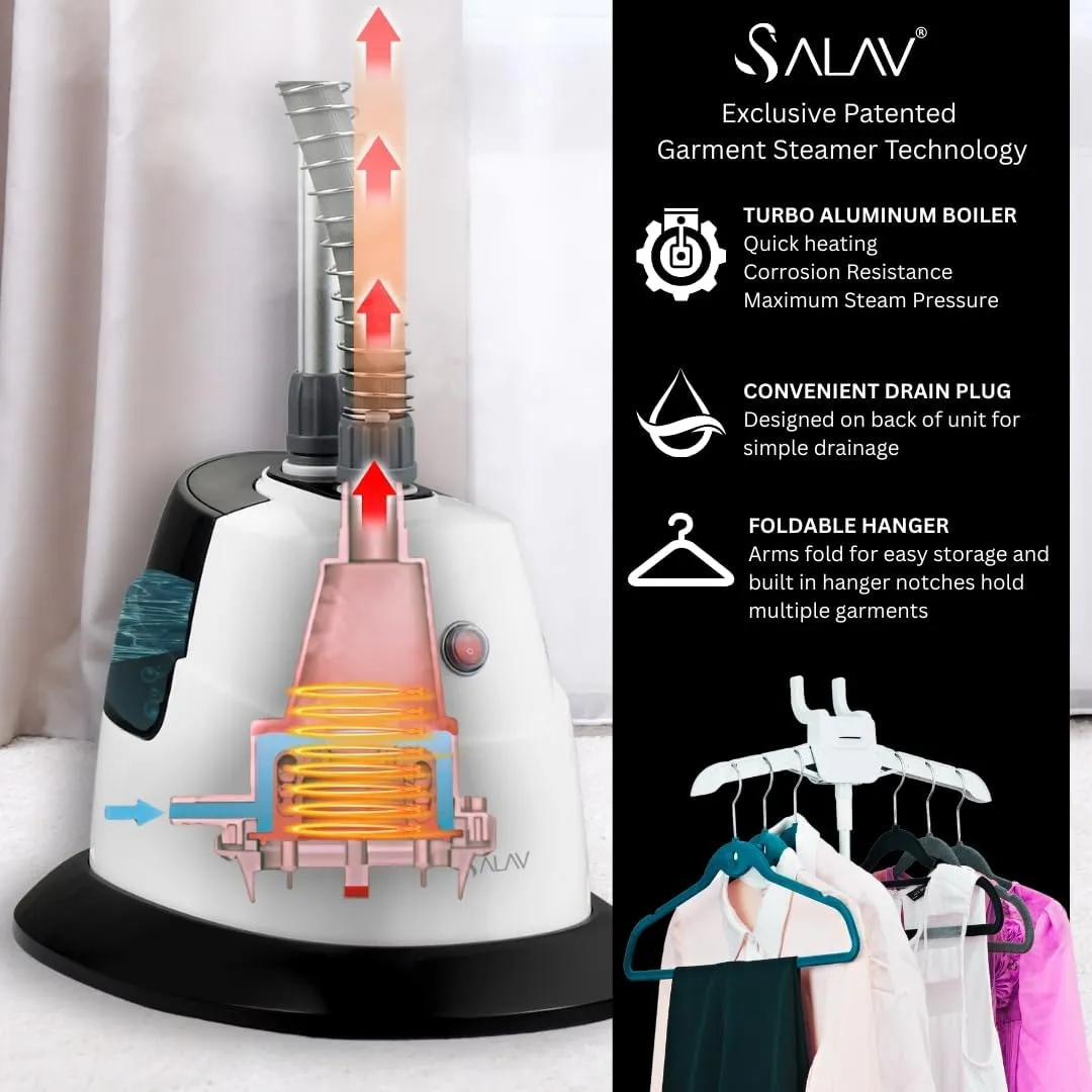 SALAV® Standing Steamer with Garment Hanger, 1.3L Water Tank for 1 Hour Continuous Steaming, Heats in 45 Seconds, Double-Insulated Steam Hose (Black, Garment Steamer)