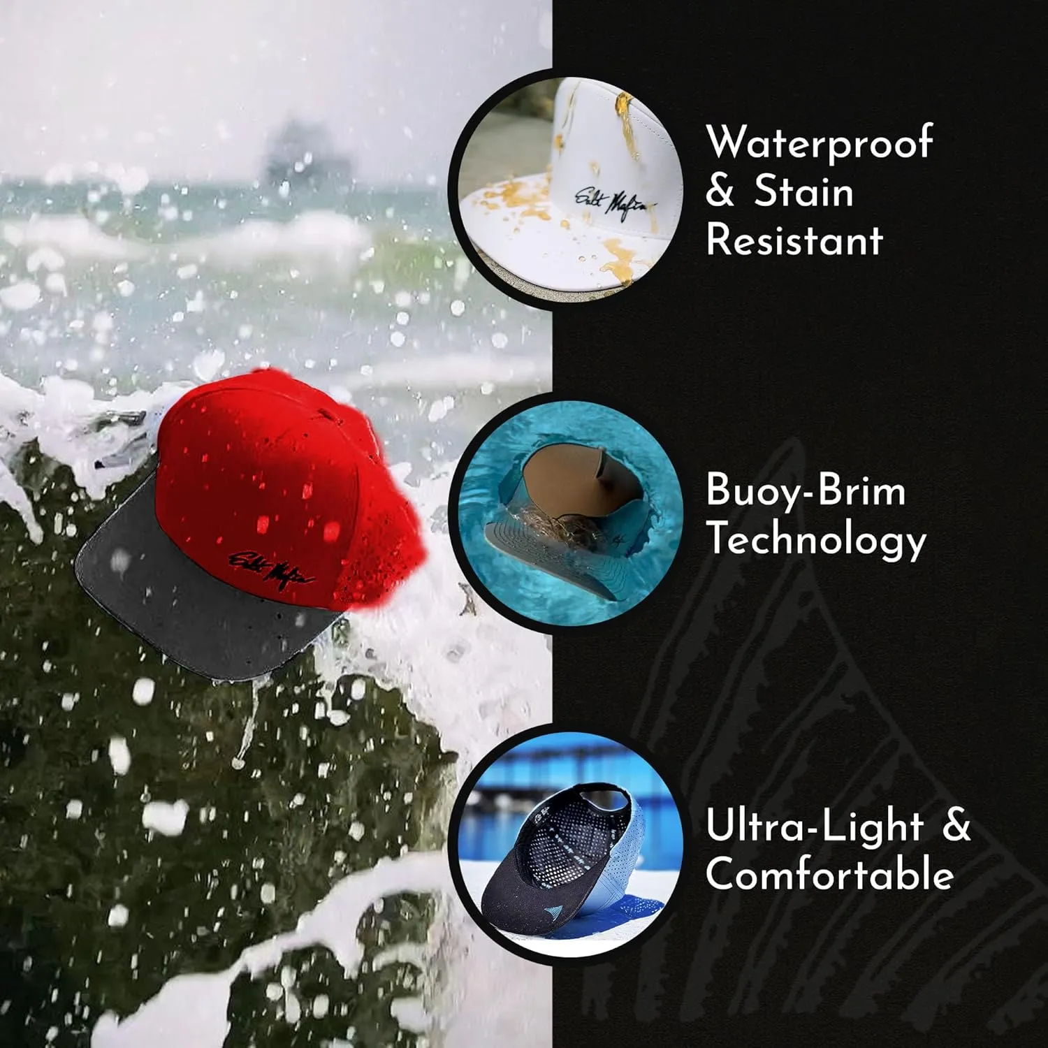 Salt Mafia Hats for Men - Waterproof Hats for Men, 7 Panel Flat Brim Surfer Hat