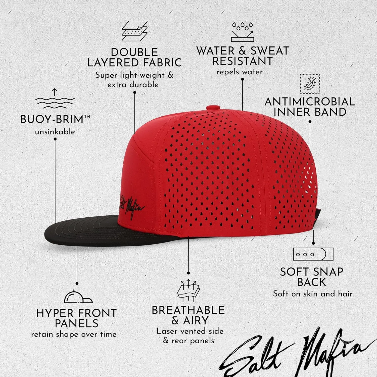 Salt Mafia Hats for Men - Waterproof Hats for Men, 7 Panel Flat Brim Surfer Hat