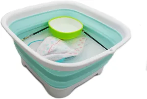 SAMMART 9.3L (2.46Gallon) Collapsible Dishpan with Draining Plug - Foldable Washing Basin - Portable Dish Washing Tub - Space Saving Kitchen Storage Tray (1, White/Lake Green)