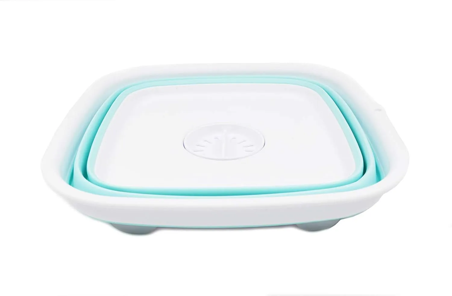 SAMMART 9.3L (2.46Gallon) Collapsible Dishpan with Draining Plug - Foldable Washing Basin - Portable Dish Washing Tub - Space Saving Kitchen Storage Tray (1, White/Lake Green)