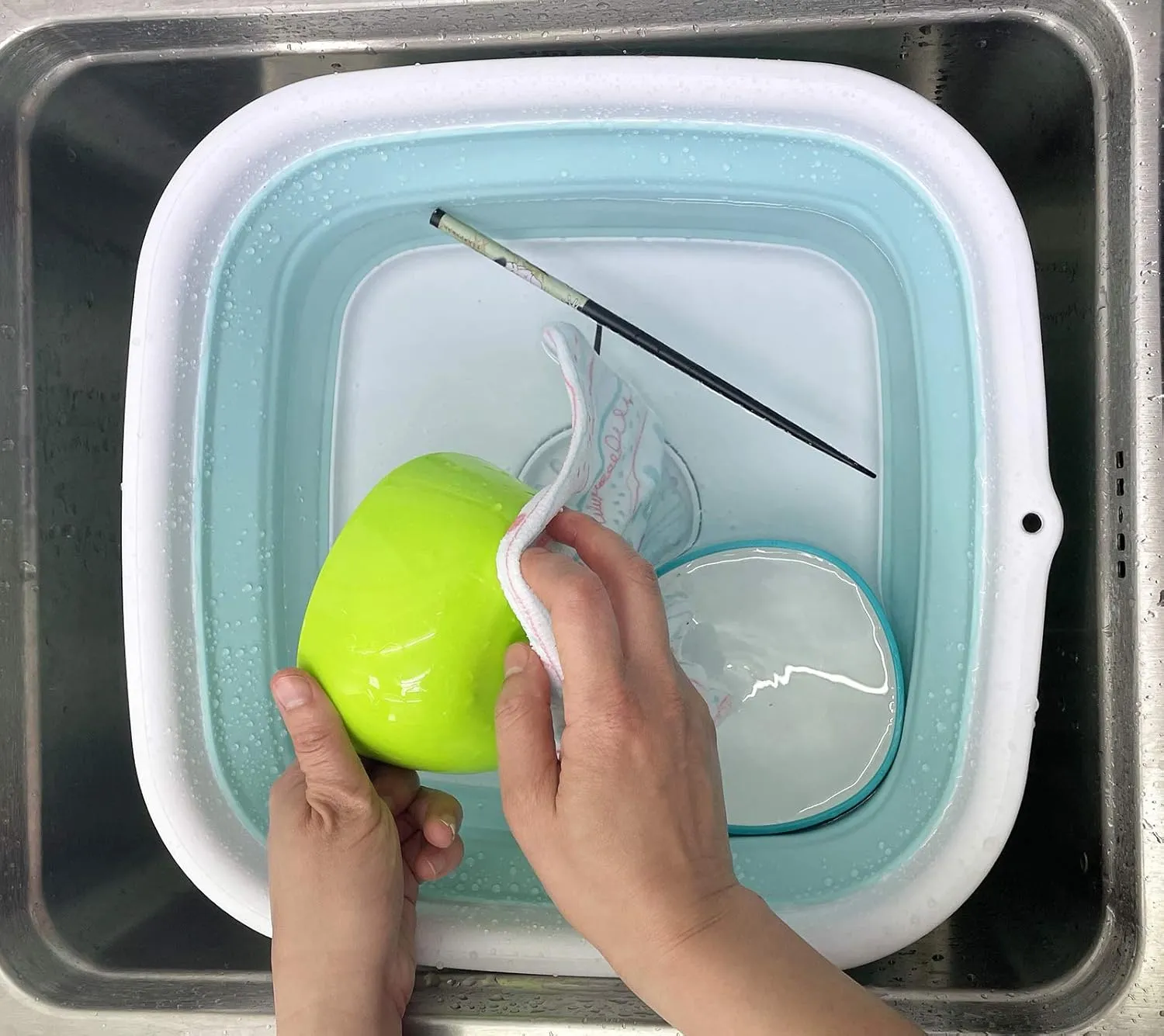 SAMMART 9.3L (2.46Gallon) Collapsible Dishpan with Draining Plug - Foldable Washing Basin - Portable Dish Washing Tub - Space Saving Kitchen Storage Tray (1, White/Lake Green)