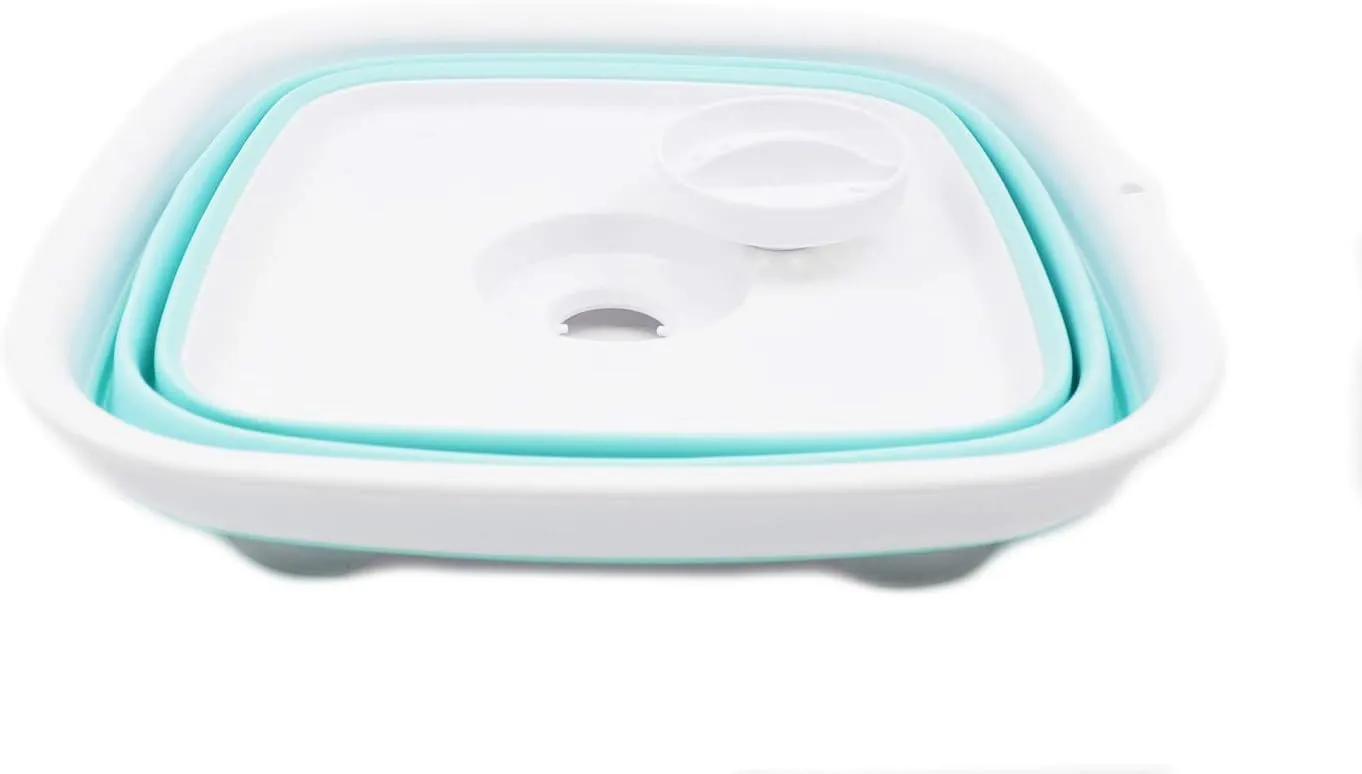 SAMMART 9.3L (2.46Gallon) Collapsible Dishpan with Draining Plug - Foldable Washing Basin - Portable Dish Washing Tub - Space Saving Kitchen Storage Tray (1, White/Lake Green)