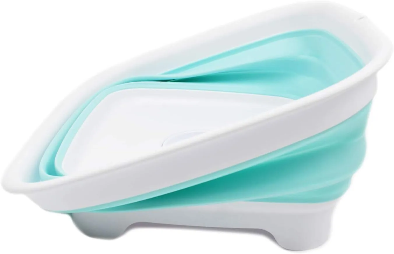 SAMMART 9.3L (2.46Gallon) Collapsible Dishpan with Draining Plug - Foldable Washing Basin - Portable Dish Washing Tub - Space Saving Kitchen Storage Tray (1, White/Lake Green)