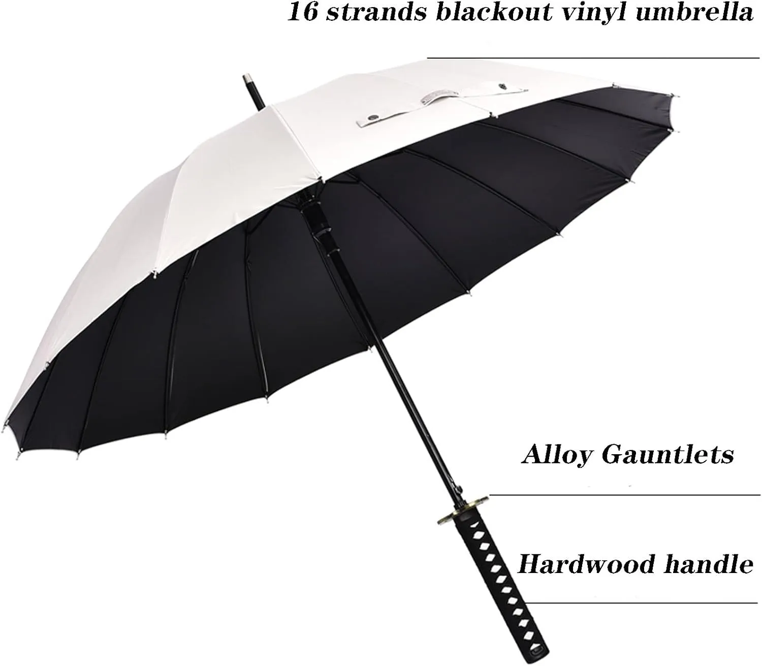 Samurai Sword with Long Handle Umbrella,Golf Umbrella,Rain and Sun Protection and Windproof,Fiber Ribs(16 Bone),105cm/41 Diameter, Suitable for 1 or 2 Persons, Manual,Black/White