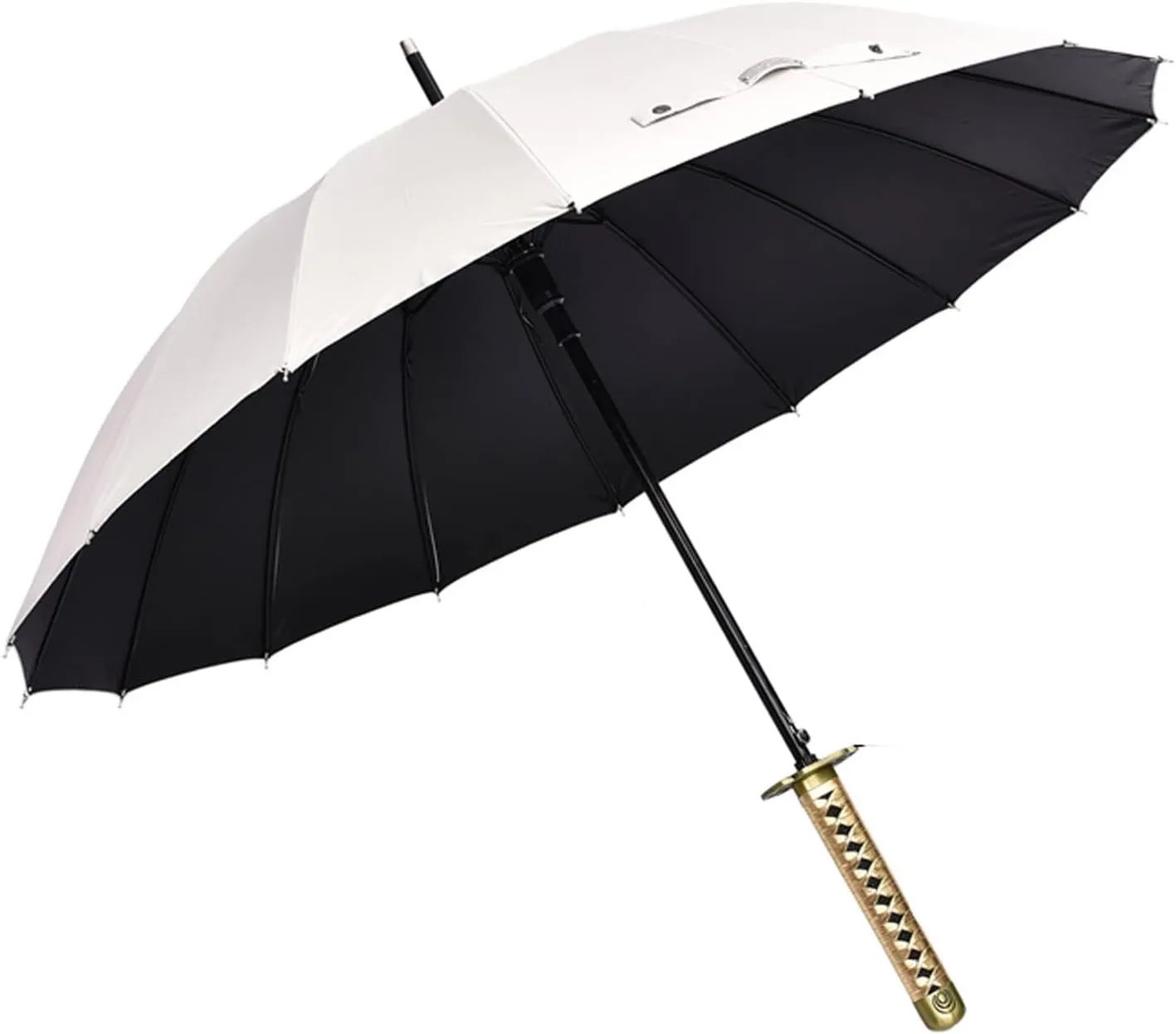 Samurai Sword with Long Handle Umbrella,Golf Umbrella,Rain and Sun Protection and Windproof,Fiber Ribs(16 Bone),105cm/41 Diameter, Suitable for 1 or 2 Persons, Manual,Black/White
