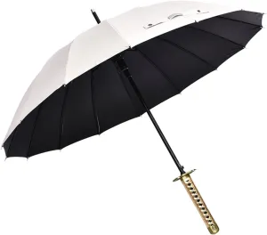 Samurai Sword with Long Handle Umbrella,Golf Umbrella,Rain and Sun Protection and Windproof,Fiber Ribs(16 Bone),105cm/41 Diameter, Suitable for 1 or 2 Persons, Manual,Black/White