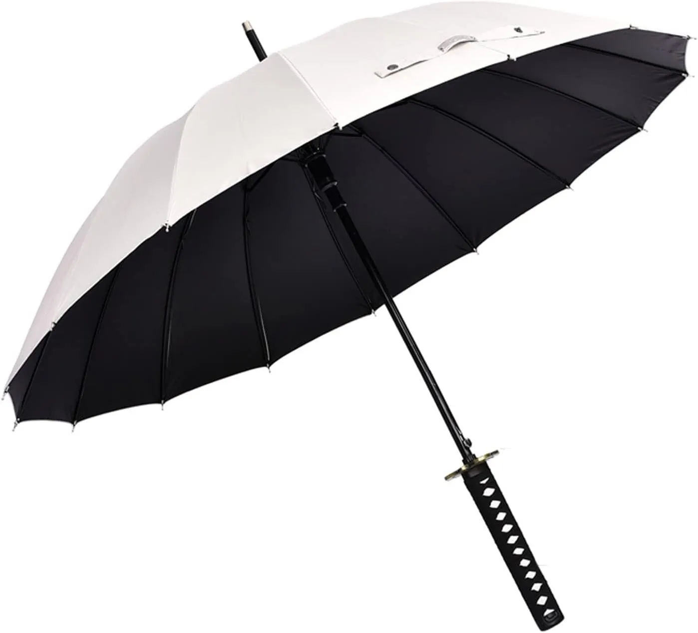 Samurai Sword with Long Handle Umbrella,Golf Umbrella,Rain and Sun Protection and Windproof,Fiber Ribs(16 Bone),105cm/41 Diameter, Suitable for 1 or 2 Persons, Manual,Black/White