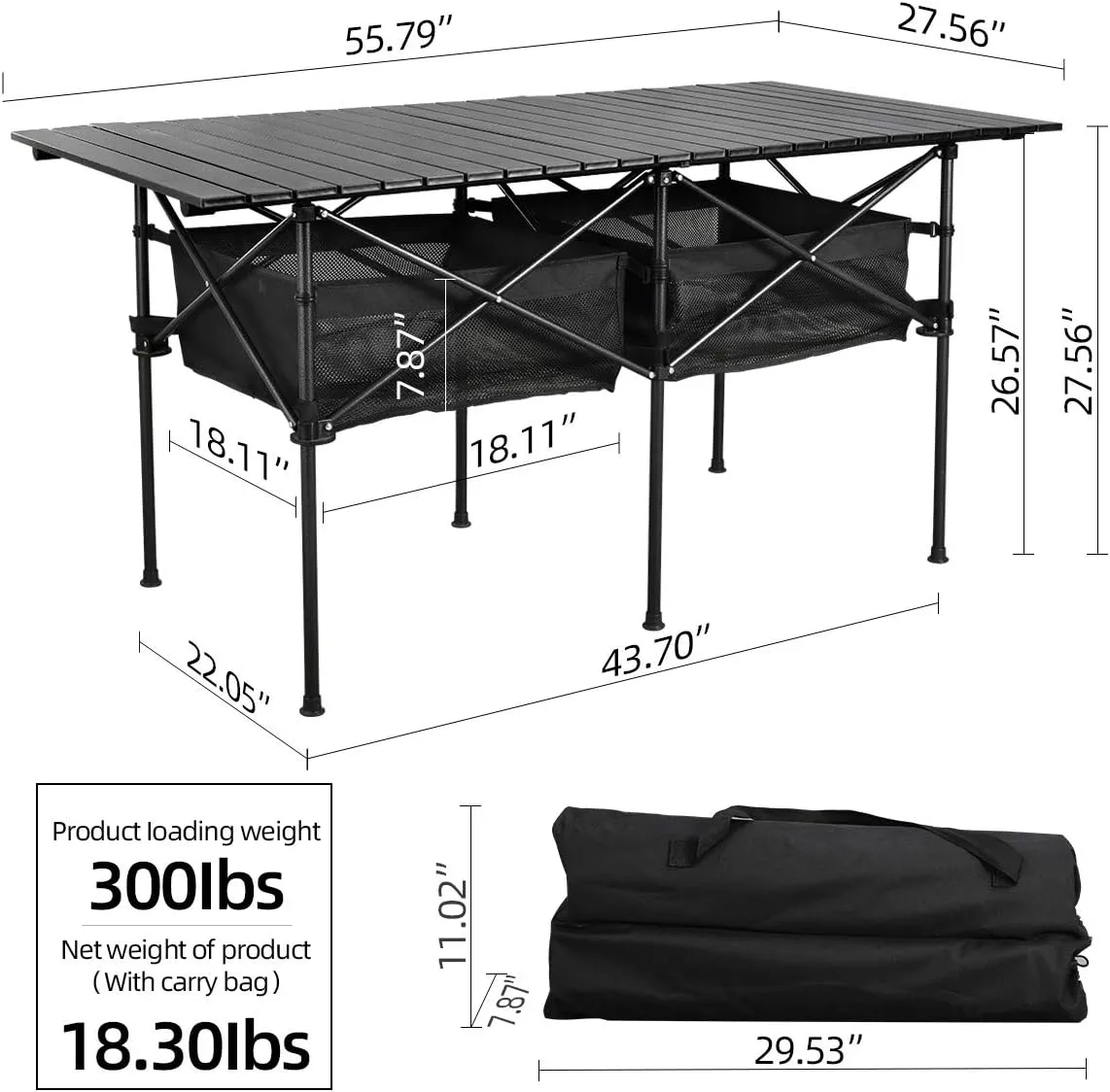 Sanny LargeOutdoor Folding Picnic Camping Table,55"X 27.56"Portable Aluminum Roll-up Table with Storage Carry Bag for RV Travel,Indoor,Outdoor,Camping, Beach,Backyard,BBQ,Party,Patio,Picnic