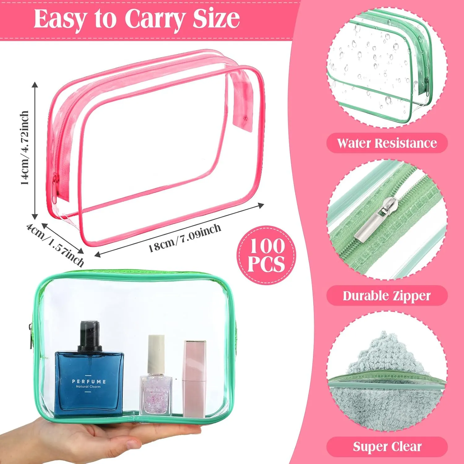 Sanwuta 100 Pcs Clear Makeup Bags Bulk Tsa Approved Toiletry Bag for Travel Transparent Cosmetic Bag PVC Waterproof Travel Small Pouches with Zipper for Men and Women(Bright Color)