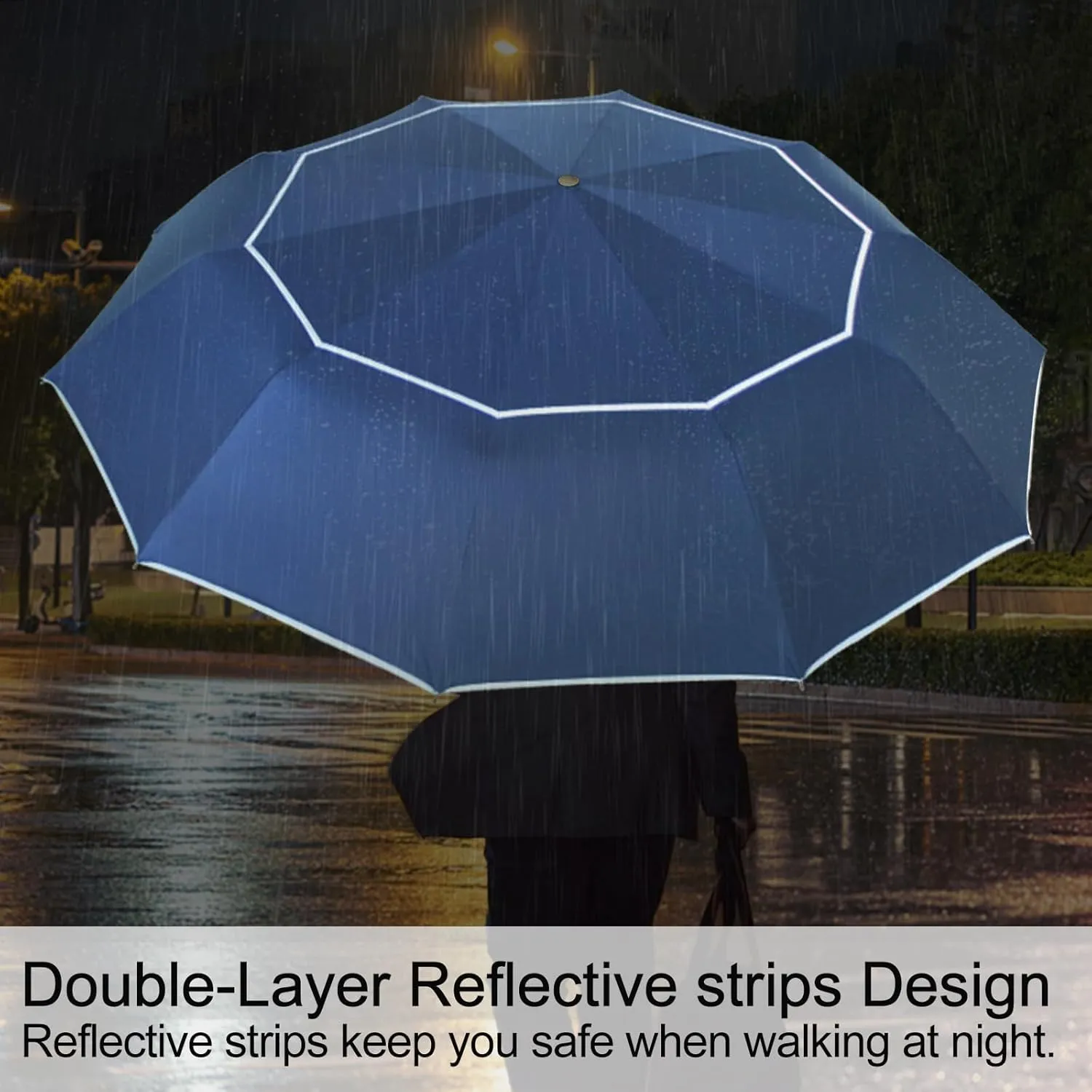 Satol Extra Large Golf Umbrella, 46/54/62 Inch Windproof 10 Ribs Vented Double Canopy Reflective Strips Automatic Open/Close Waterproof UV Protection Portable Compact Umbrella for Outdoor & Travel