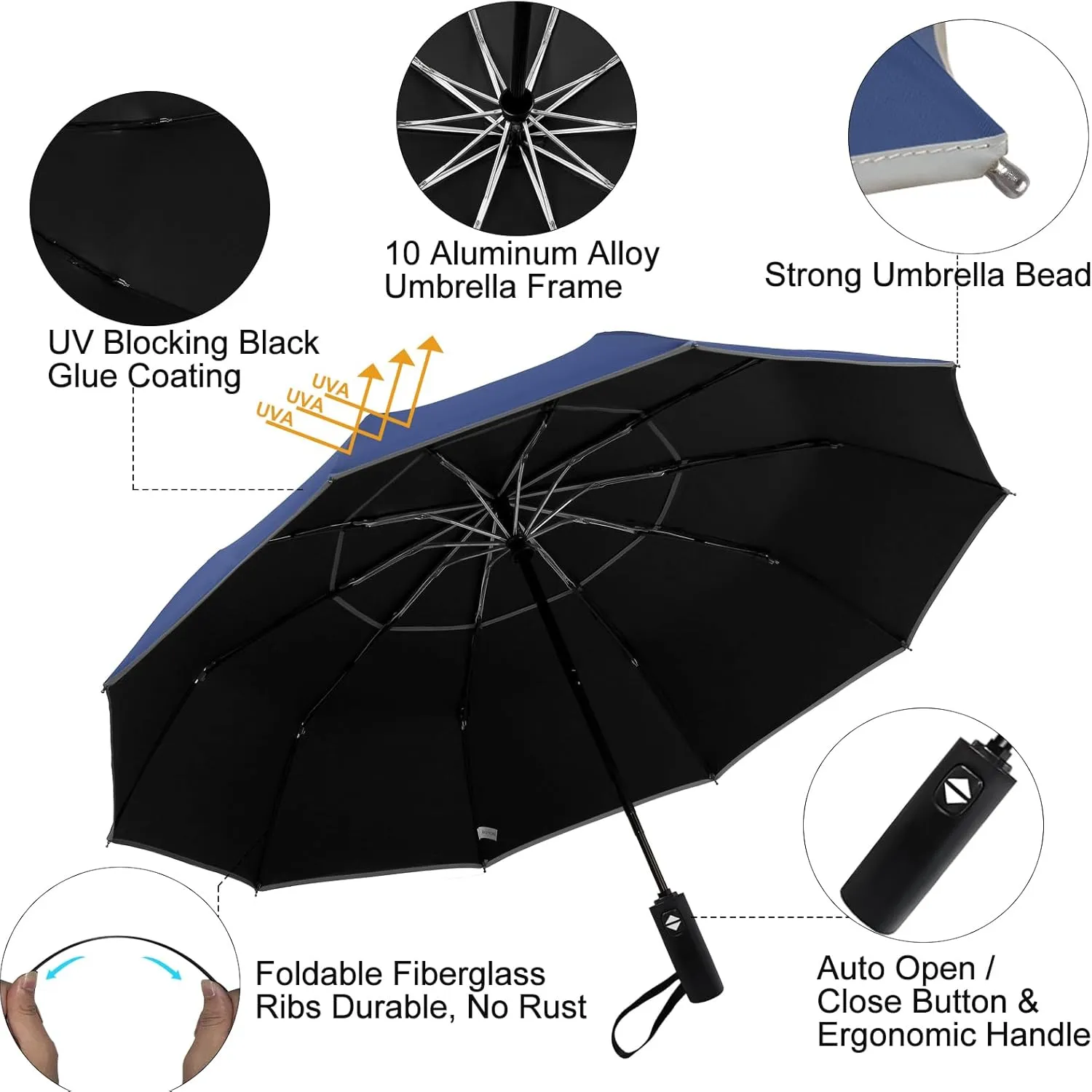Satol Extra Large Golf Umbrella, 46/54/62 Inch Windproof 10 Ribs Vented Double Canopy Reflective Strips Automatic Open/Close Waterproof UV Protection Portable Compact Umbrella for Outdoor & Travel