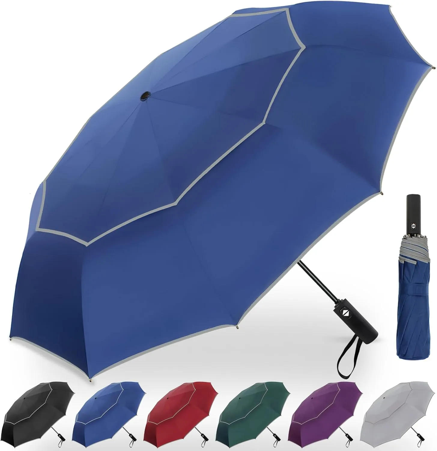 Satol Extra Large Golf Umbrella, 46/54/62 Inch Windproof 10 Ribs Vented Double Canopy Reflective Strips Automatic Open/Close Waterproof UV Protection Portable Compact Umbrella for Outdoor & Travel