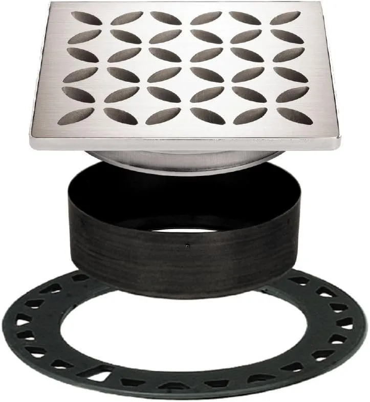 Schluter Kerdi-Drain Grate Kit with Integrated Slope Bonding Flange - Ideal for Bathroom or Wet Rooms - 4" Brushed Stainless Steel Floral, Adjustable - KDIF4GRKEBD5