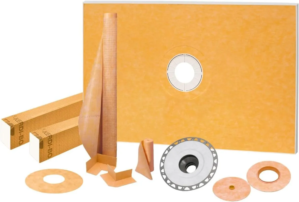 Schluter Kerdi Shower Kit with Shower Tray, Curb, Waterproofing Membrane, Strips & Seals - PVC Plastic, 48" x 72" Tray Size, Center Outlet Position - KSK12201830PVC