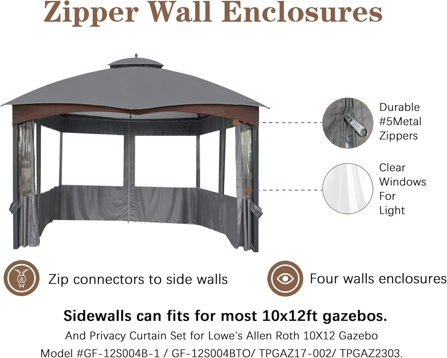 SCOCANOPY 10' x 12' Clear Window Gazebo Privacy Curtain Set for Lowe's Allen Roth 10X12 Gazebo Model #GF-12S004B-1 / GF-12S004BTO/ TPGAZ17-002,(Gray)