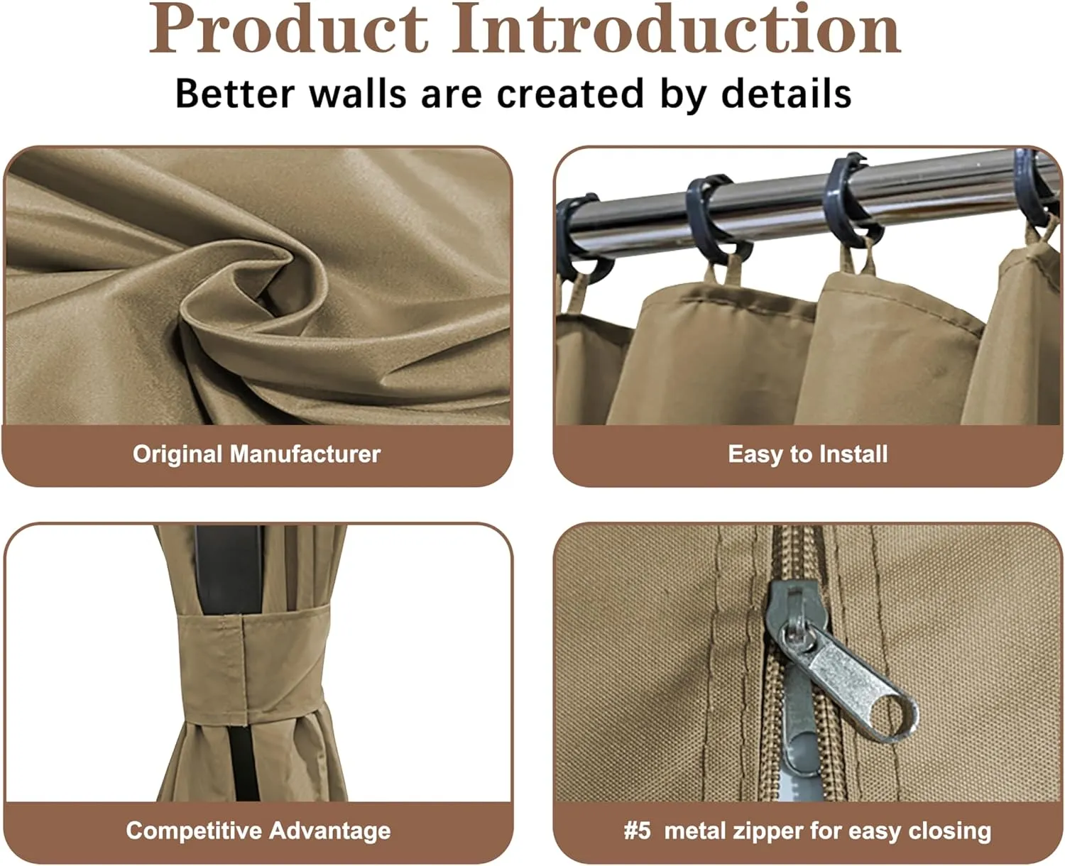 SCOCANOPY 10' x 12' Clear Window Gazebo Privacy Curtain Set for Lowe's Allen Roth 10X12 Gazebo Model #GF-12S004B-1 / GF-12S004BTO/ TPGAZ17-002,(Khaki)