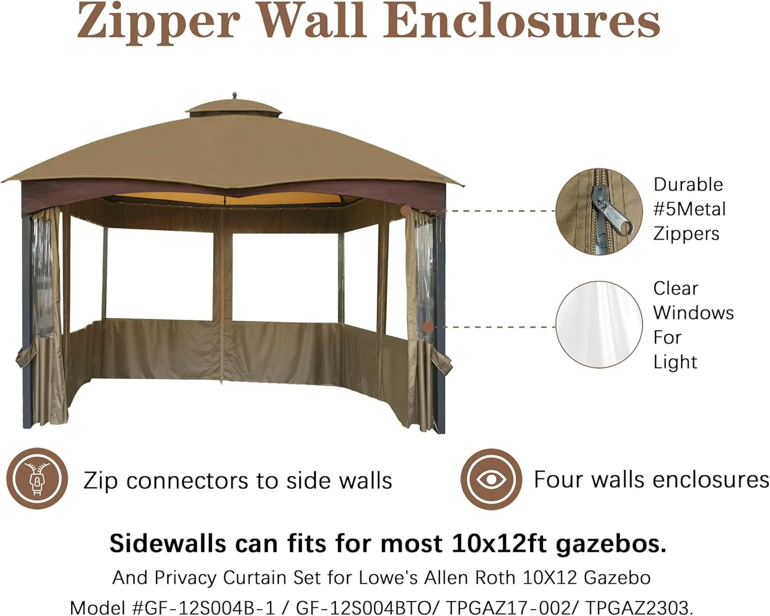 SCOCANOPY 10' x 12' Clear Window Gazebo Privacy Curtain Set for Lowe's Allen Roth 10X12 Gazebo Model #GF-12S004B-1 / GF-12S004BTO/ TPGAZ17-002,(Khaki)