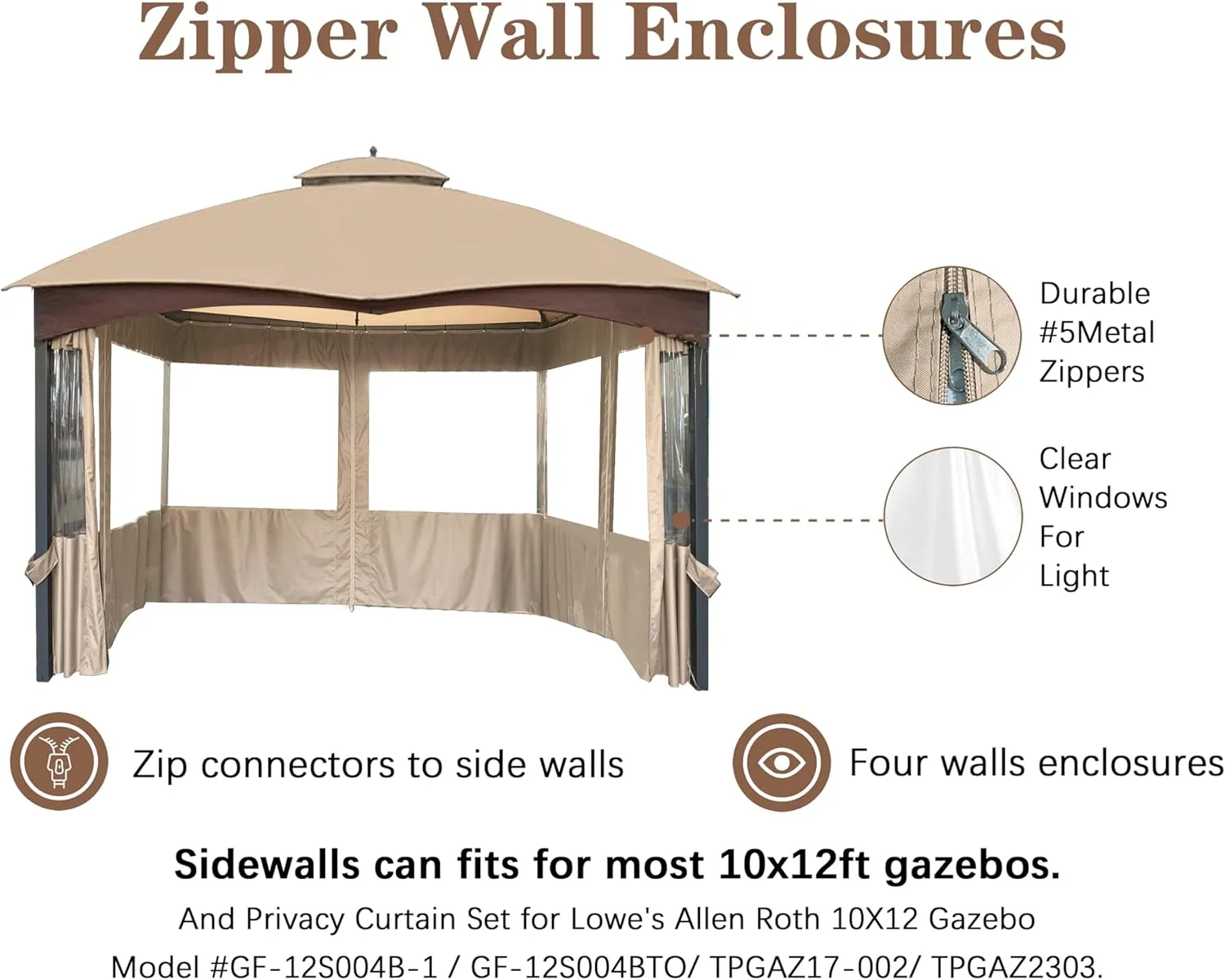 SCOCANOPY 10' x 12' Clear Window Gazebo Privacy Curtain Set for Lowe's Allen Roth 10X12 Gazebo Model #GF-12S004B-1 / GF-12S004BTO/ TPGAZ17-002,(Light Beige)