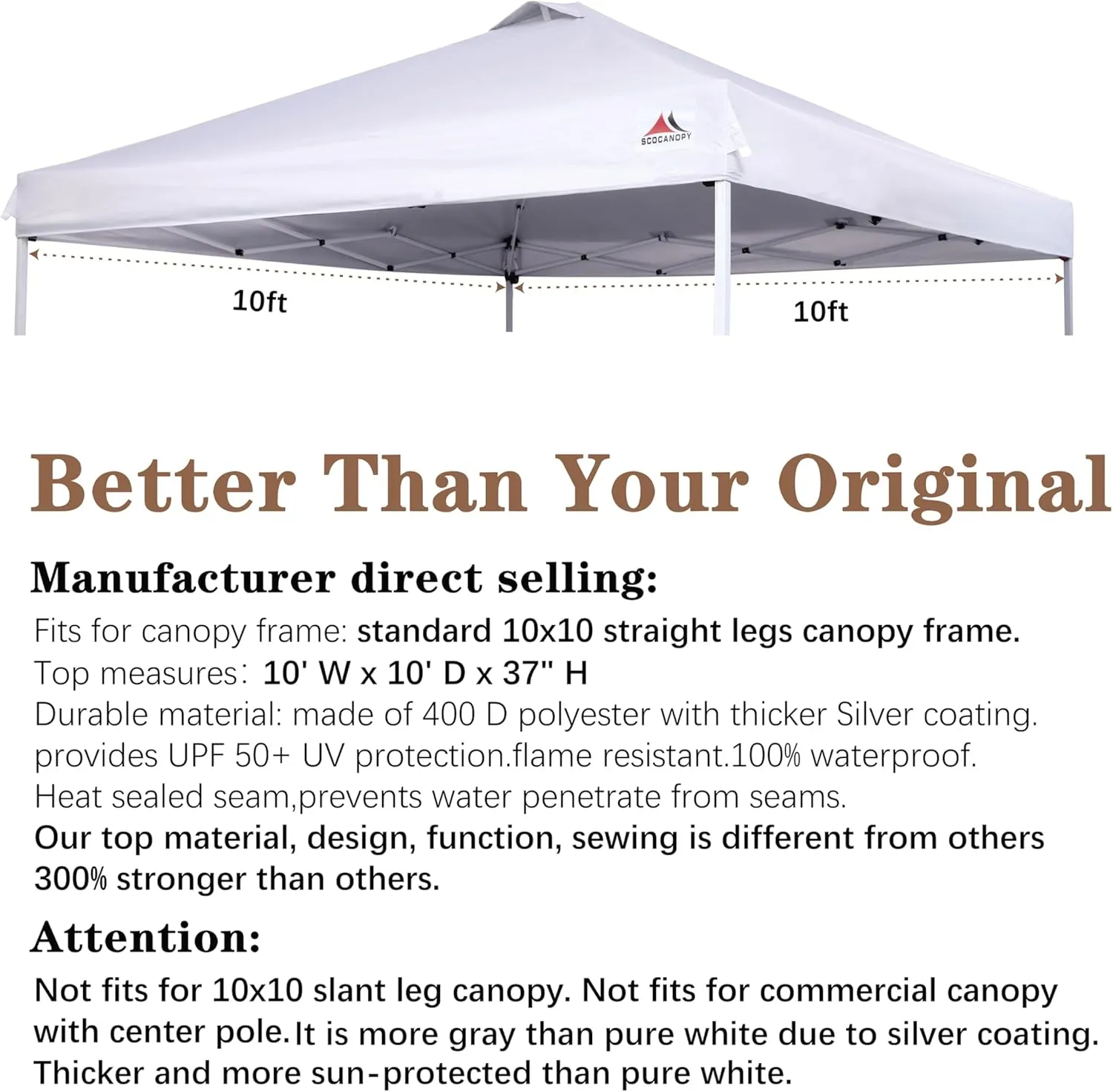SCOCANOPY 10x10 Replacement Top with Air Vent for 10x10 Canopy Frame, Canopy Cover ONLY, (Inner Layer is Sunproof Silver Coating so It's grayer Than Pure White)