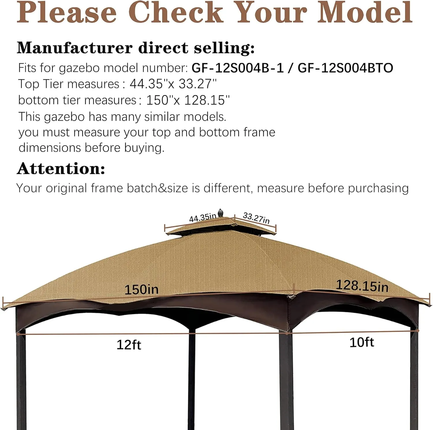 SCOCANOPY Beige Ripstop Replacement Top for Lowe's Allen Roth 10X12 Gazebo Model #GF-12S004B-1/ GF-12S004BTO