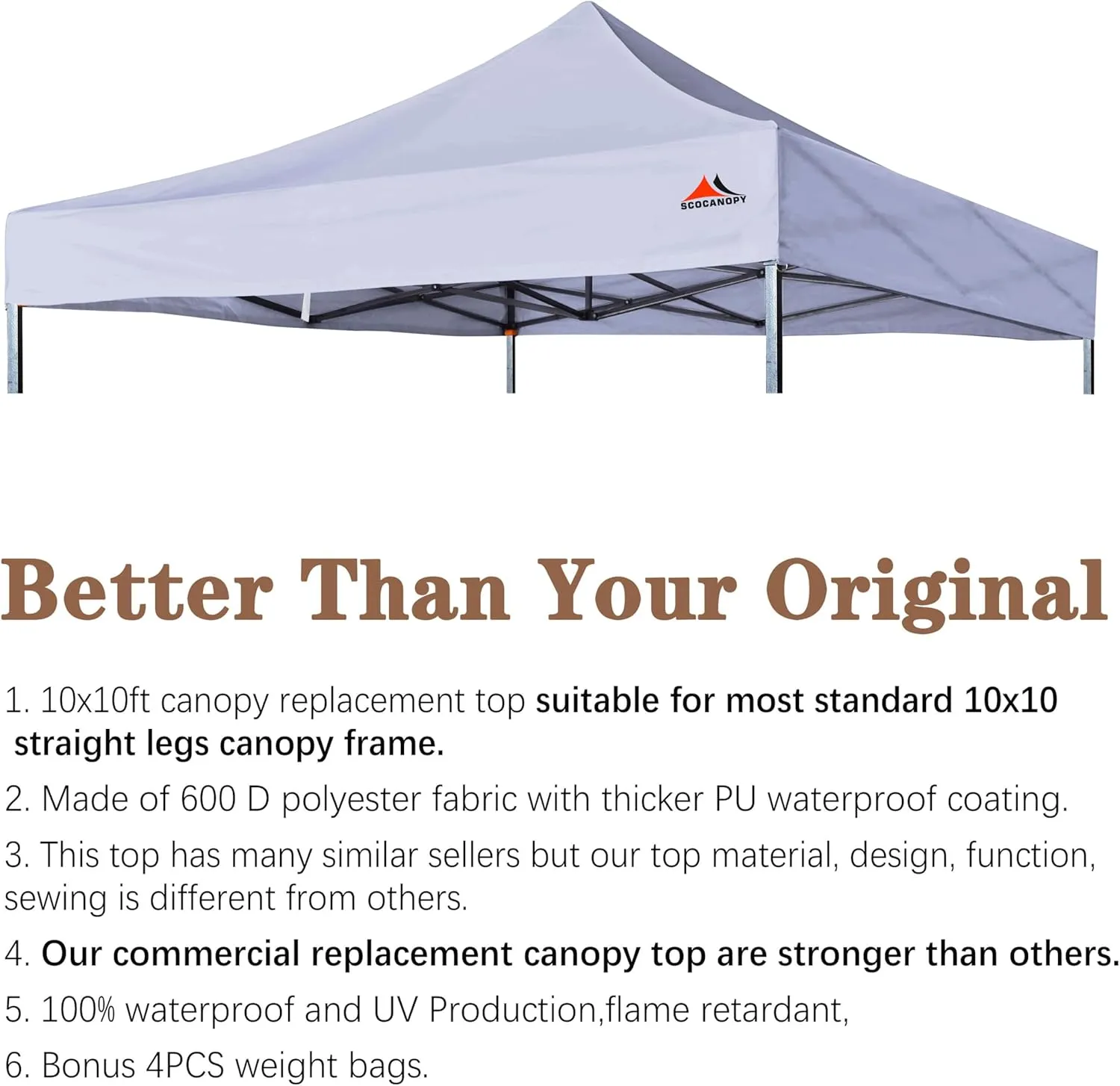 SCOCANOPY Commercial 10x10 Replacement Canopy Top, Light Grey, Waterproof, UV Protection, Fits Most Standard Canopy Frames, Includes 4 Weight Bags