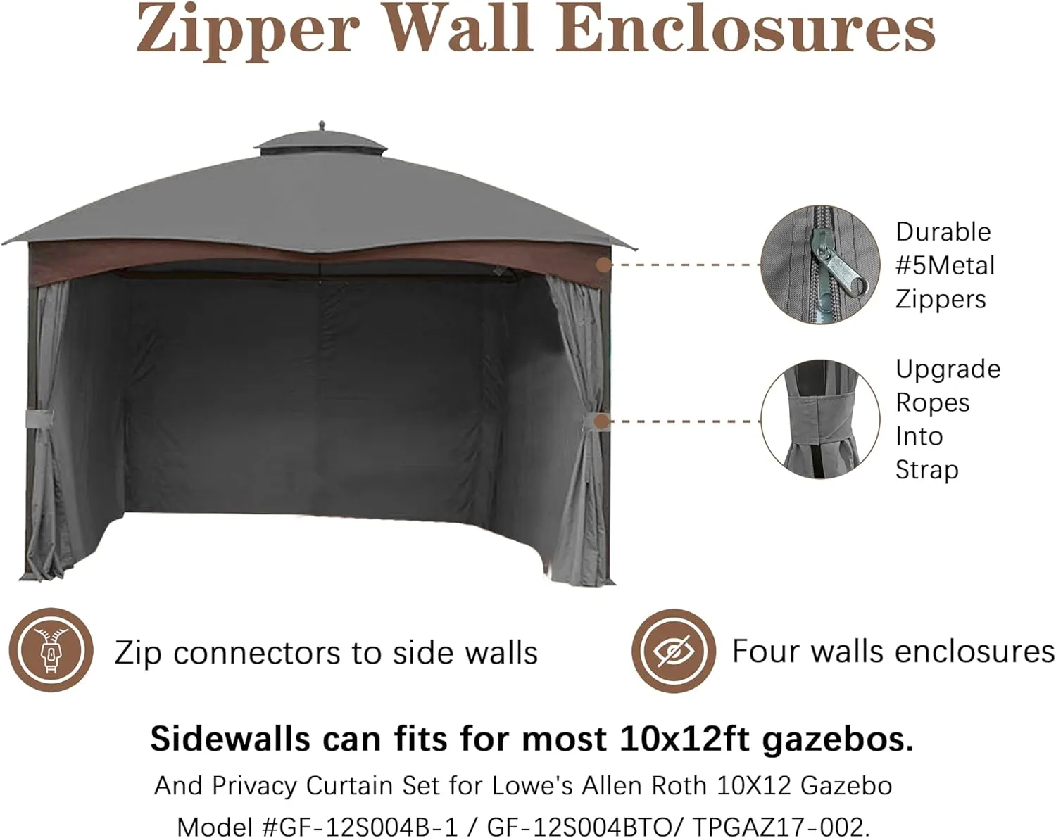 SCOCANOPY Gray 10' x 12' Gazebo Privacy Curtain Set for Lowe's Allen Roth 10X12 Gazebo Model #GF-12S004B-1 / GF-12S004BTO/ TPGAZ17-002