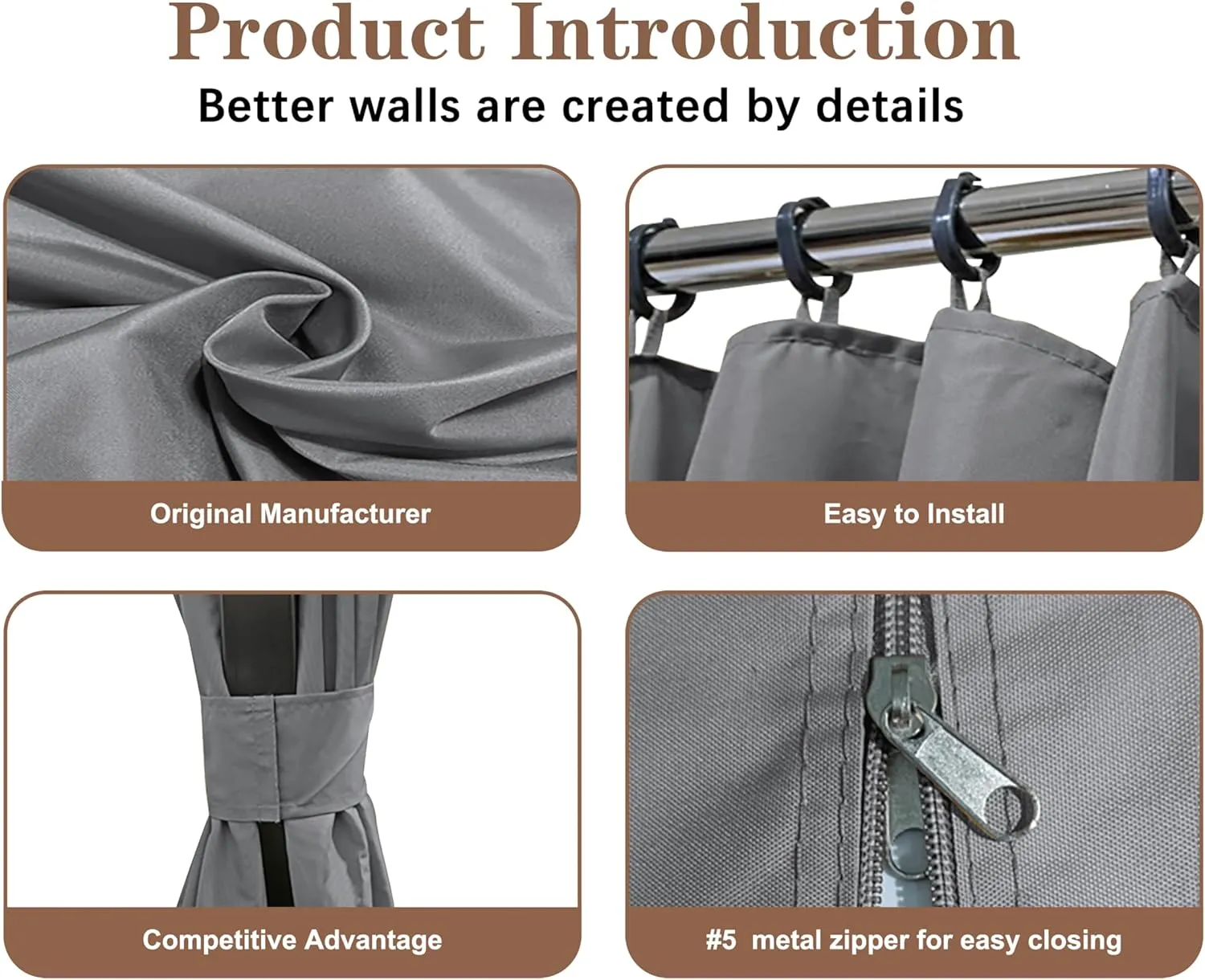 SCOCANOPY Gray 10' x 12' Gazebo Privacy Curtain Set for Lowe's Allen Roth 10X12 Gazebo Model #GF-12S004B-1 / GF-12S004BTO/ TPGAZ17-002