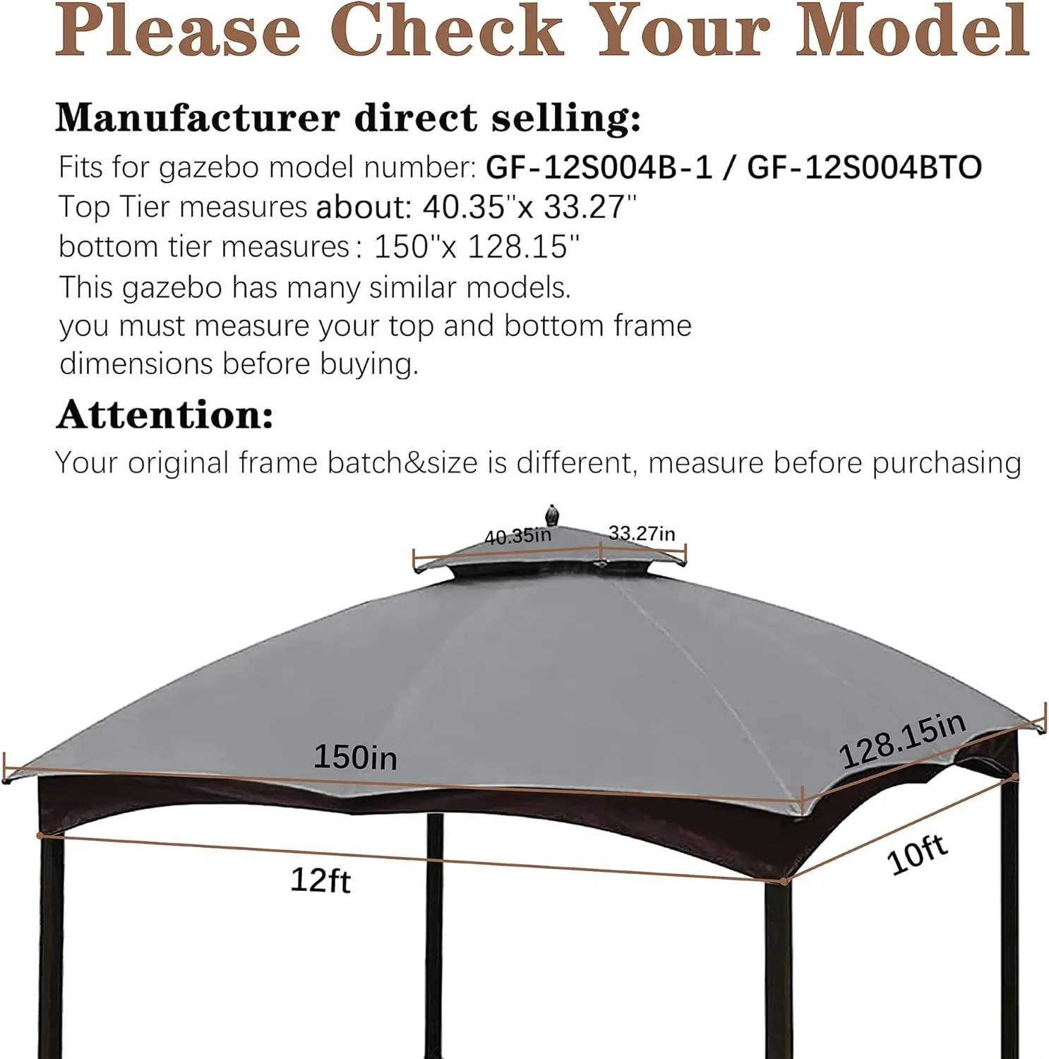 SCOCANOPY Grey Replacement Top for Lowe's Allen Roth 10X12 Gazebo Model #GF-12S004B-1/#GF-12S004BTO