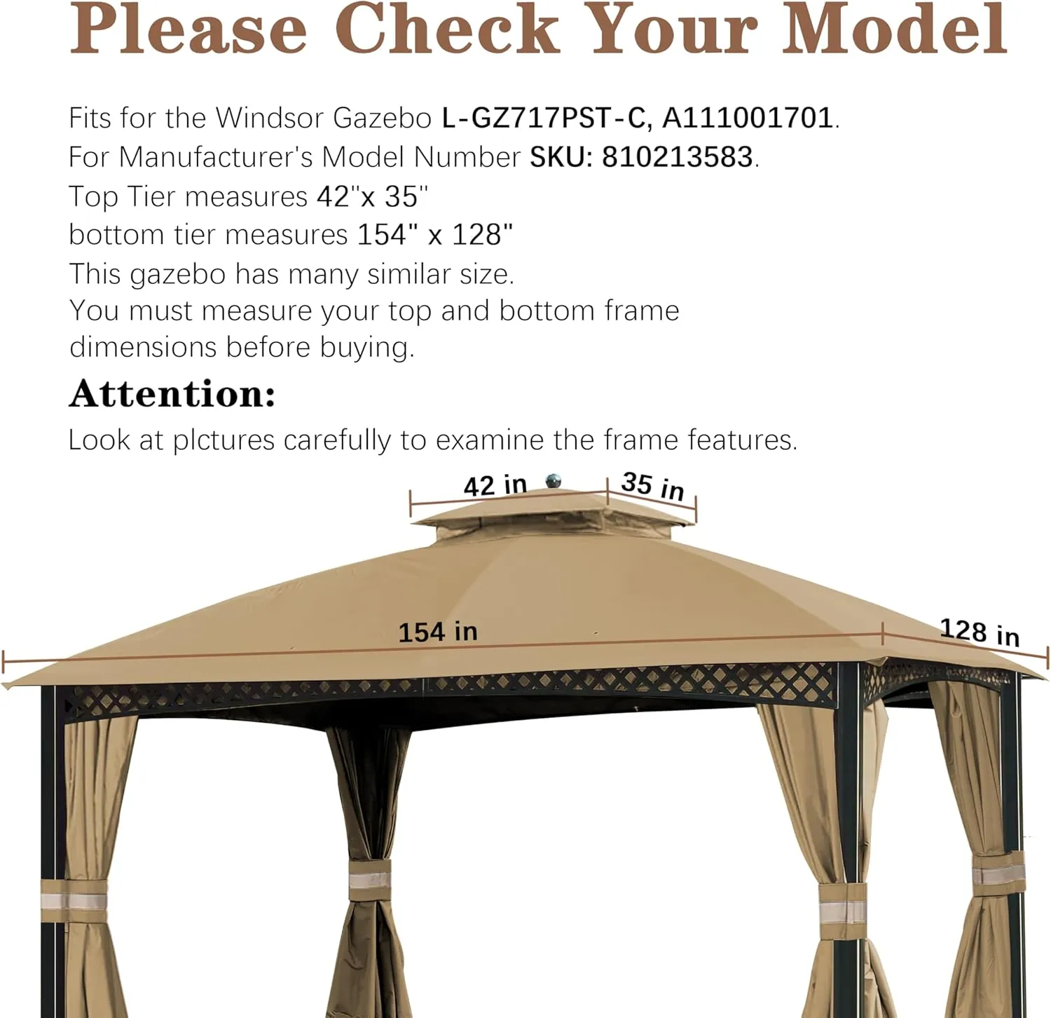 SCOCANOPY Replacement Canopy Cover for Windsor Gazebo L-GZ717PST-C, 810213583,South Hampton Gazebo L-GZ659PST A111011500 (Beige)