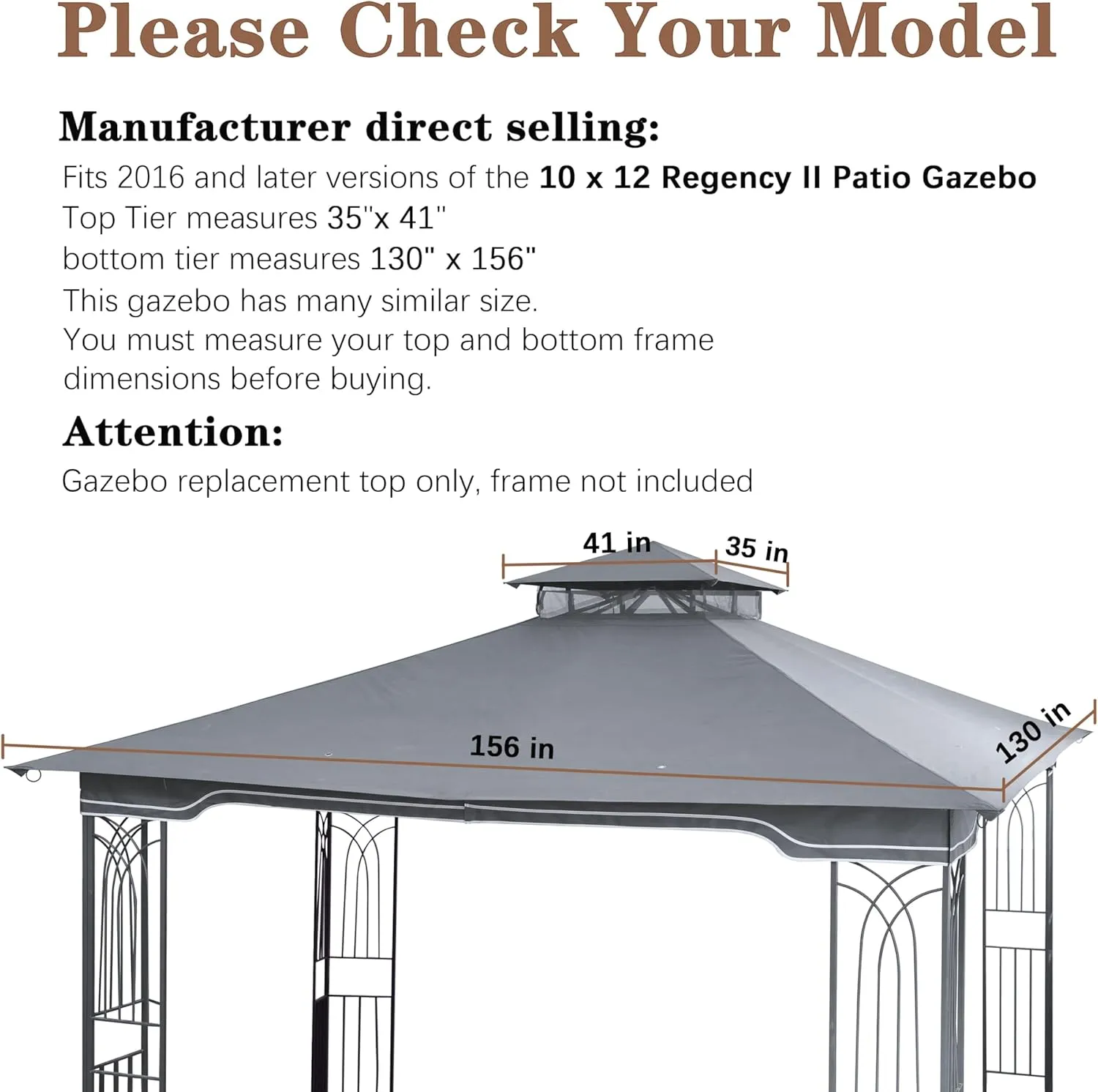 SCOCANOPY Replacement Gazebo Canopy for 10 x 12 Regency II Patio Gazebo Model L-GZ798PST,A101004104,A101004105,(Grey)