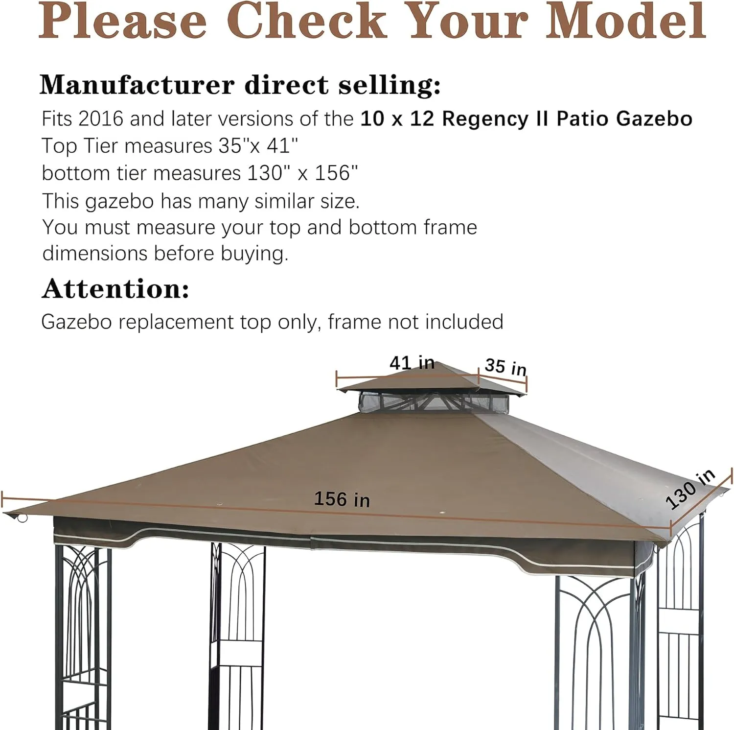 SCOCANOPY Replacement Gazebo Canopy for 10 x 12 Regency II Patio Gazebo Model L-GZ798PST,L-GZ798PST-E,A111014400,A101004104,A101004105 (Khaki)