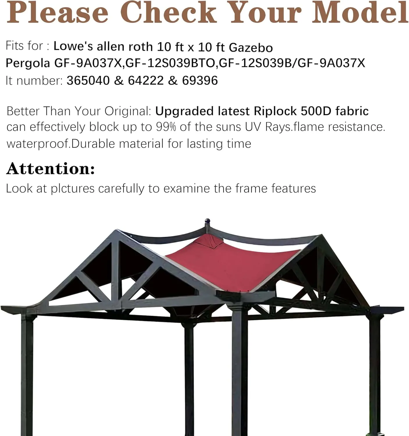 SCOCANOPY Replacement Top Fit for Lowe's Allen Roth 10X10 Ft Gazebo Model #GF-12S039B / GF-9A037X,(Burgundy)