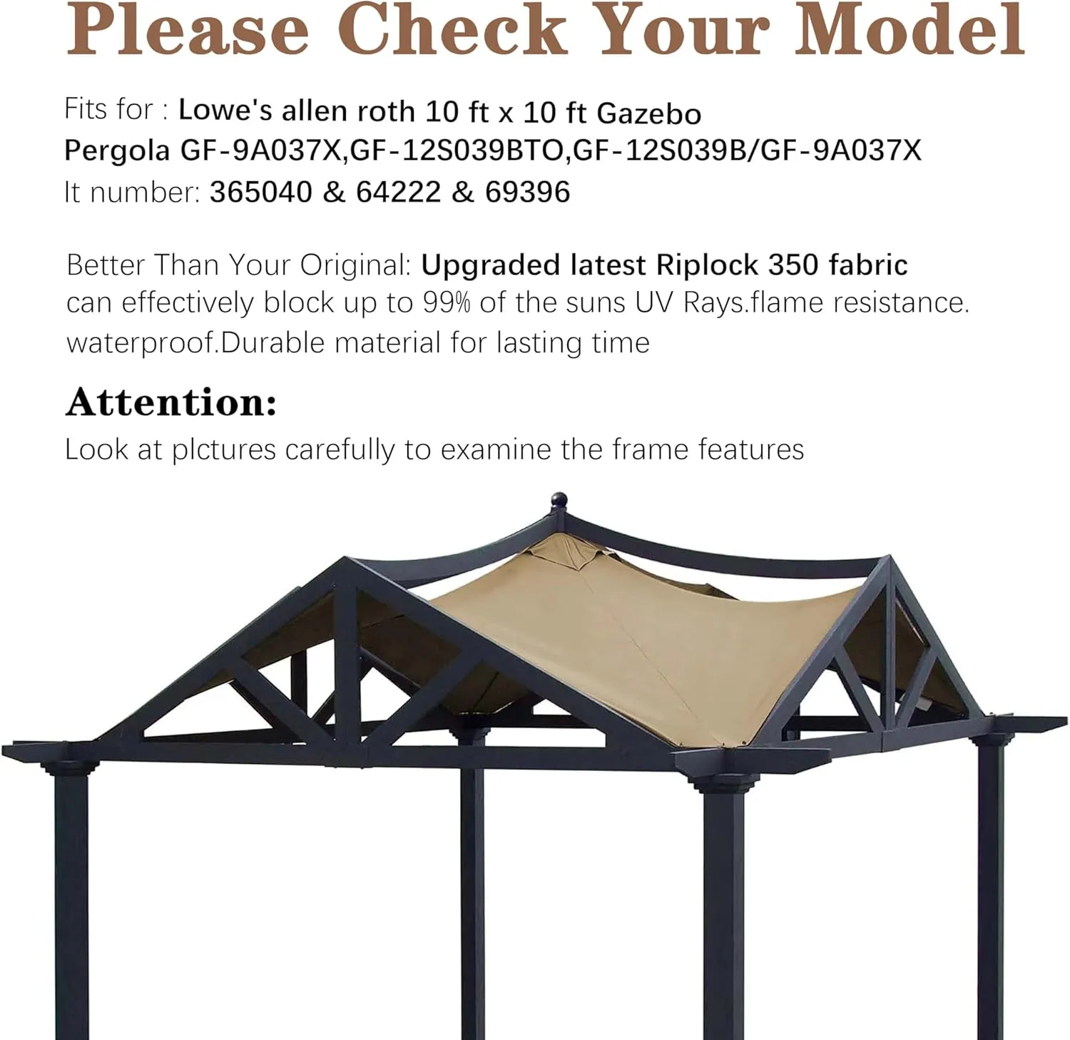 SCOCANOPY Replacement Top Fit for Lowe's Allen Roth 10X10 Ft Gazebo Model #GF-12S039B / GF-9A037X,(Khaki)