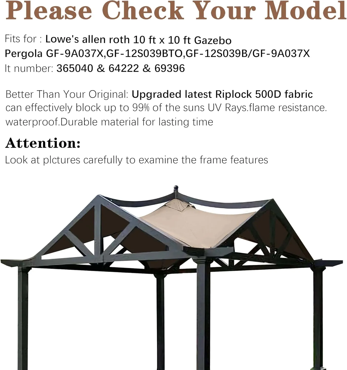 SCOCANOPY Replacement Top Fit for Lowe's Allen Roth 10X10 Ft Gazebo Model #GF-12S039B / GF-9A037X,(Light Beige)