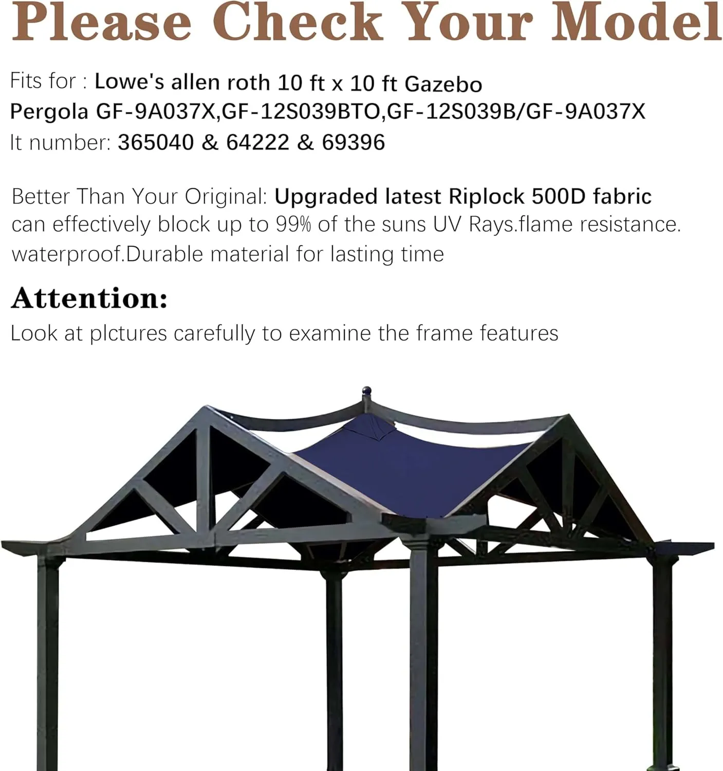 SCOCANOPY Replacement Top Fit for Lowe's Allen Roth 10X10 Ft Gazebo Model #GF-12S039B / GF-9A037X,(Navy Blue)