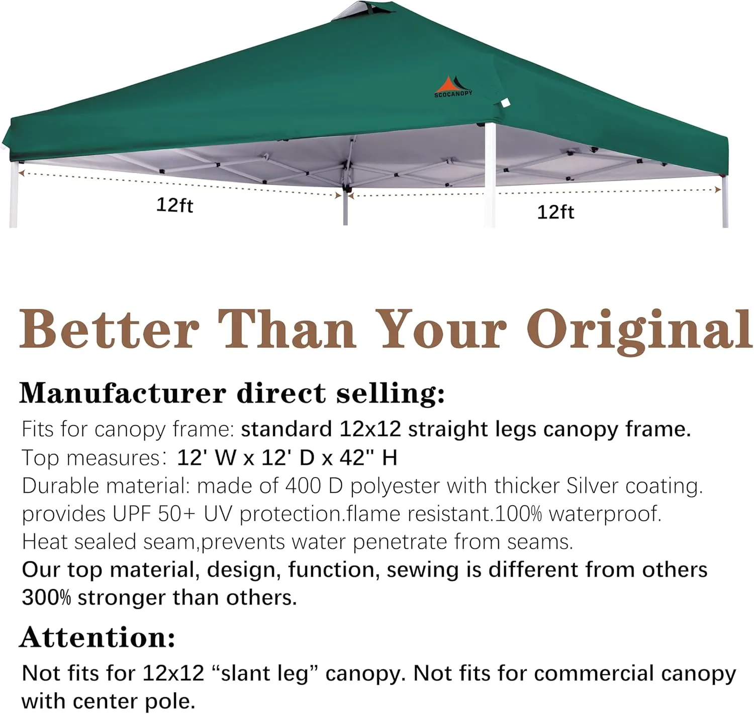 SCOCANOPY Replacement Top with Air Vent for 12x12 Canopy Frame, Canopy Cover ONLY, (Forest Green)
