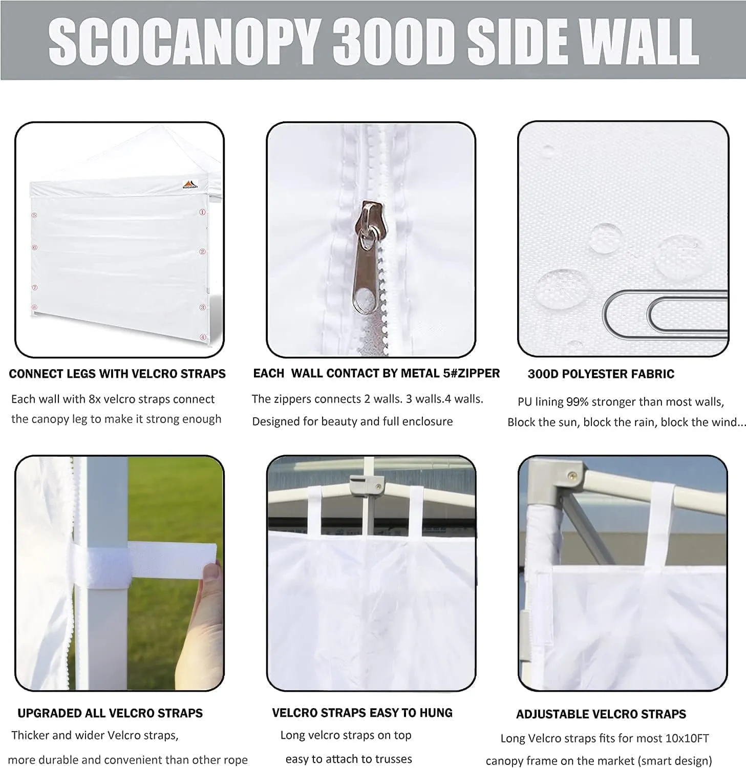 SCOCANOPY Sidewalls for 10x10 Canopy Frame, 3 Pack SunWalls Only,White