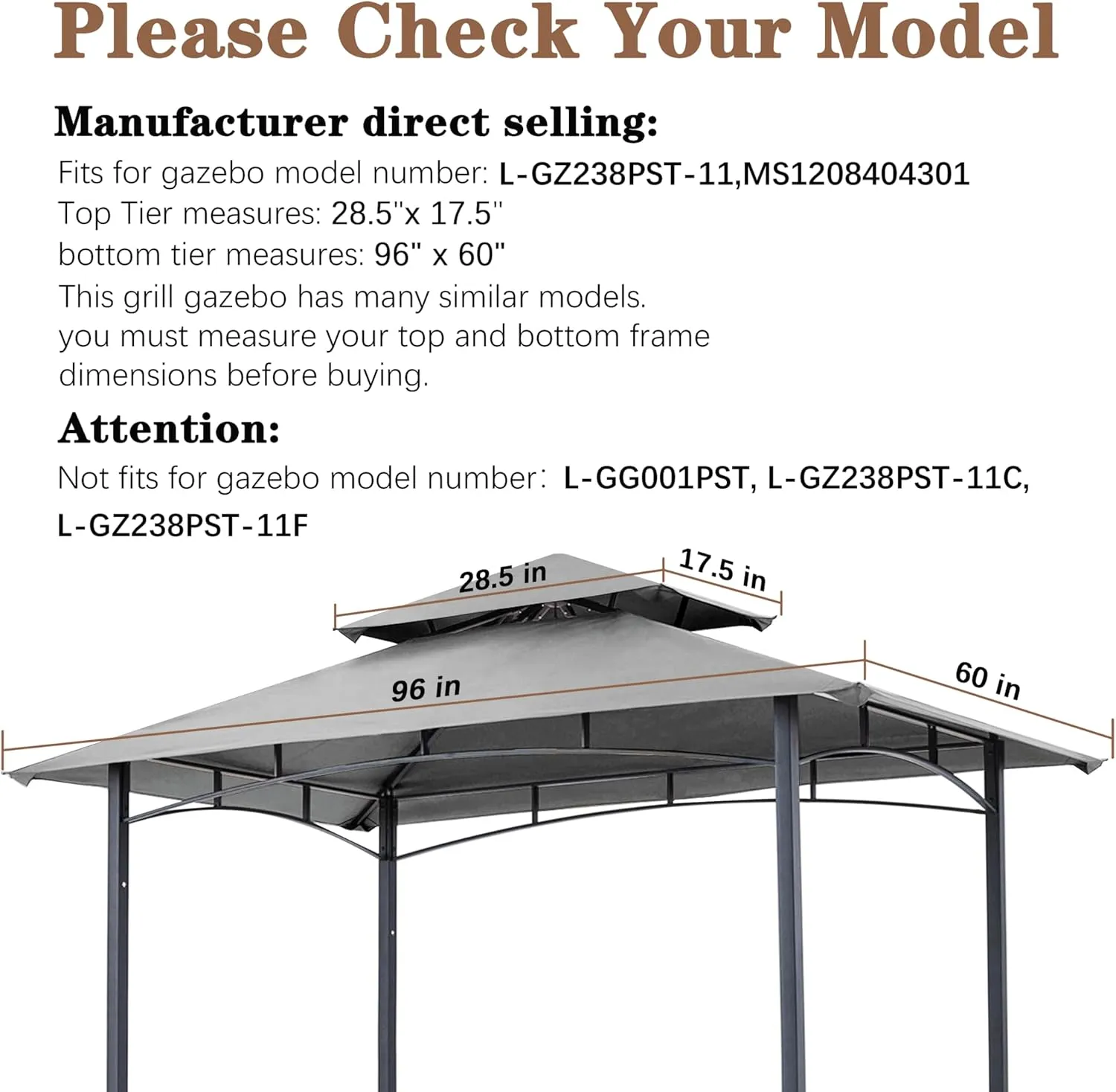 SCOCANOPY Upgraded Ripstop Fabric Replacement Canopy Grill BBQ Gazebo Roof Top for Gazebo Model L-GZ238PST-11 Only,(Gray Ripstop)