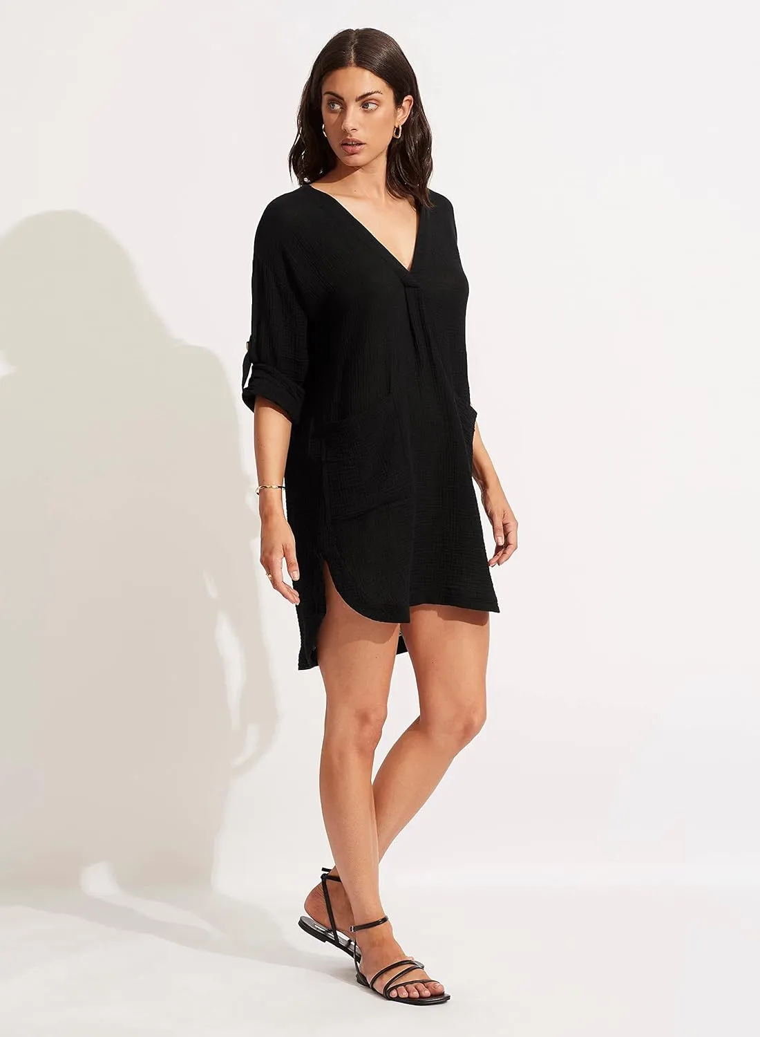Seafolly Women's V Neck Cover Up Dress with Roll Sleeves