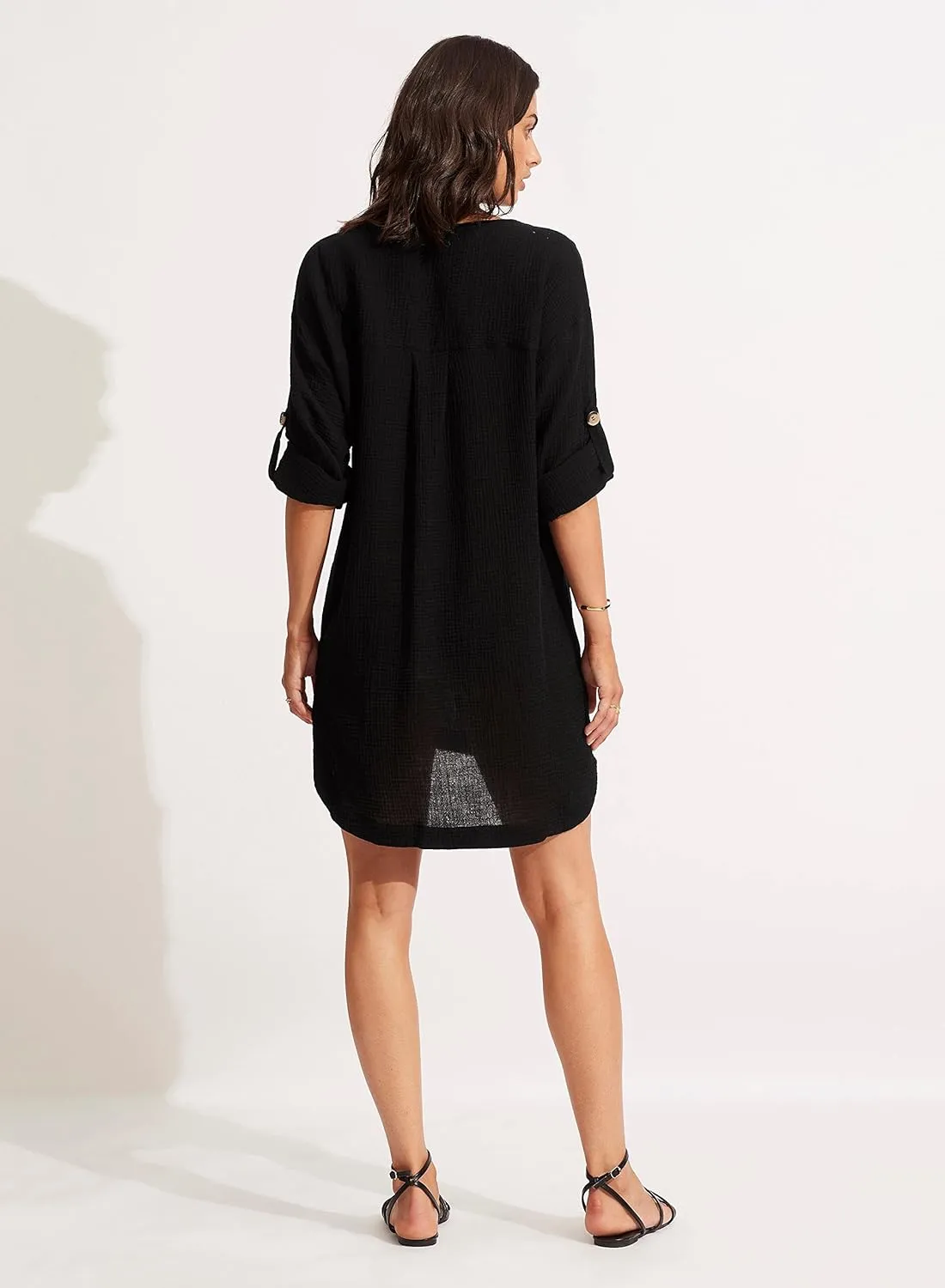 Seafolly Women's V Neck Cover Up Dress with Roll Sleeves