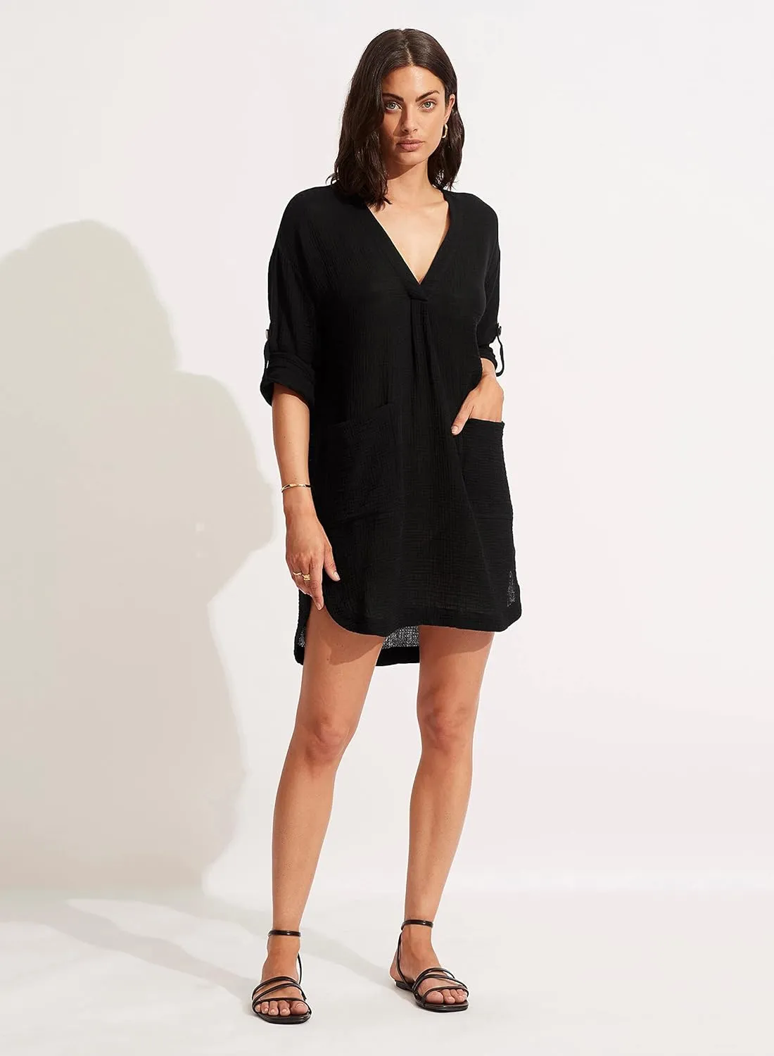 Seafolly Women's V Neck Cover Up Dress with Roll Sleeves