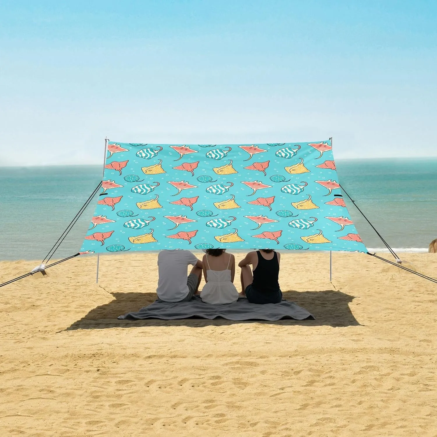 Seamless with Colorful Stingrays Beach Canopy Tent Anti-UV & Wind Resistant, Cartoon Camping Sun Shelter Easy Setup Portable,Outdoor Shade Tents with Sandbags,Sand Shovels,Ground Pegs & Stabilit