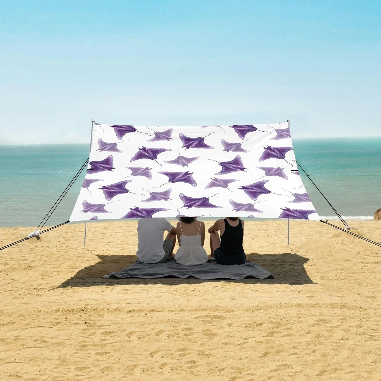 Seamless with Manta Ray Beach Canopy Tent Anti-UV & Wind Resistant, Camping Sun Shelter Easy Setup Portable,Outdoor Shade Tents with Sandbags,Sand Shovels,Ground Pegs & Stability Poles