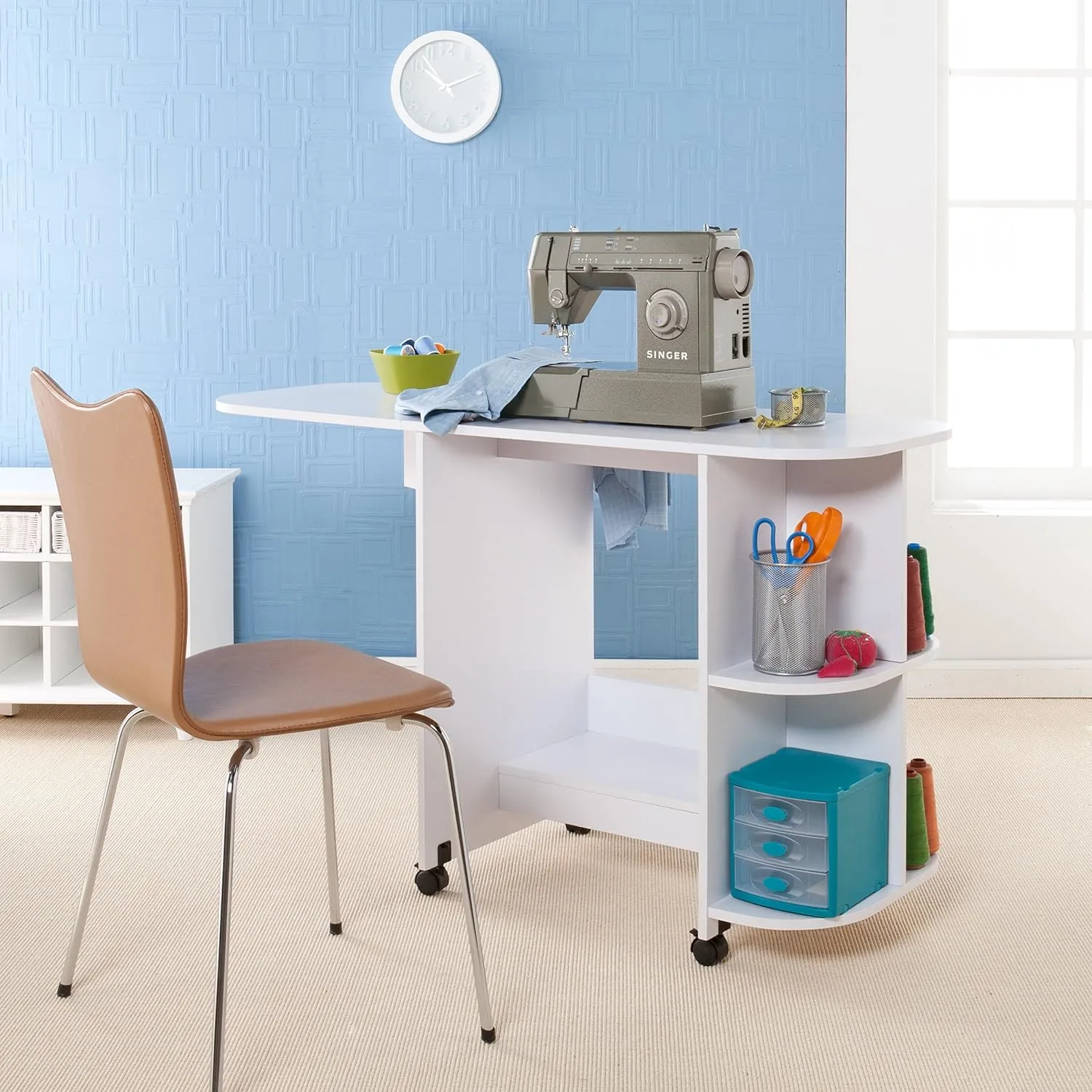 SEI Furniture Eaton Expandable Rolling Craft Station Sewing Table, White