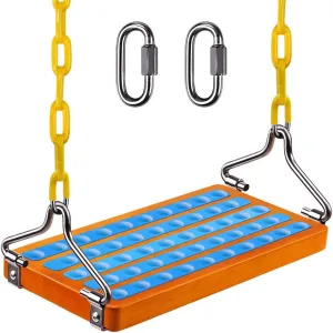 SELEWARE Hanging Wooden Swing, 17.5" x 8.2" Swing Seat with Chain and 2 Carabiners, Wooden Tree Swing for Adults Kids Indoor Outdoor Backyard, 500lbs Capacity