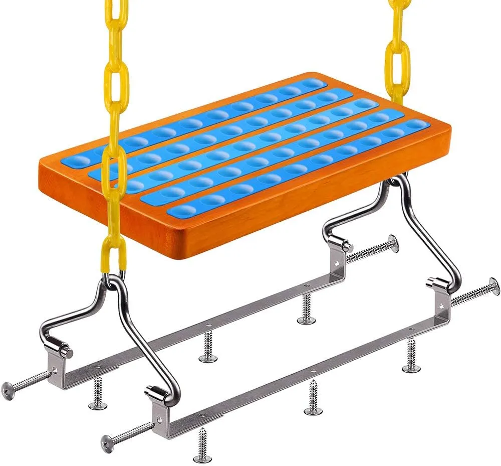 SELEWARE Hanging Wooden Swing, 17.5" x 8.2" Swing Seat with Chain and 2 Carabiners, Wooden Tree Swing for Adults Kids Indoor Outdoor Backyard, 500lbs Capacity