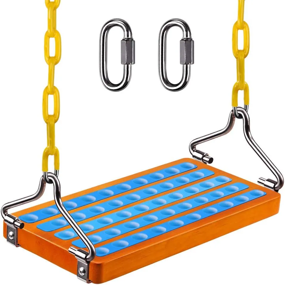 SELEWARE Hanging Wooden Swing, 17.5" x 8.2" Swing Seat with Chain and 2 Carabiners, Wooden Tree Swing for Adults Kids Indoor Outdoor Backyard, 500lbs Capacity