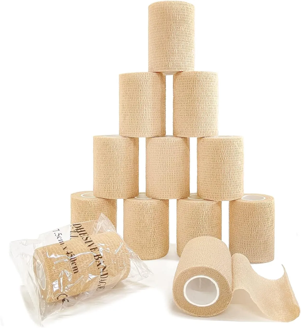 Self Adhesive Bandage Wrap(12 Pack, 3 Inch x 5 Yards), First Aid Medical Cohesive Bandage Tape, Breathable Elastic Sports Athletic Tape Wrap for Ankle, Wrist, Knee, Foot Sprains & Swelling(Tan)