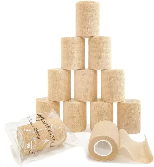 Self Adhesive Bandage Wrap(12 Pack, 3 Inch x 5 Yards), First Aid Medical Cohesive Bandage Tape, Breathable Elastic Sports Athletic Tape Wrap for Ankle, Wrist, Knee, Foot Sprains & Swelling(Tan)